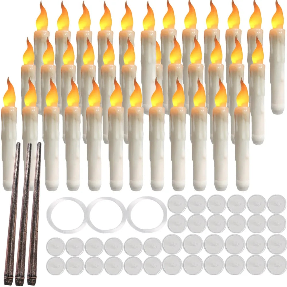 12/48Pcs Floating Candles with Magic Wand Flickering Warm Light LED Flameless Candle Taper Candles for Christmas Halloween Party